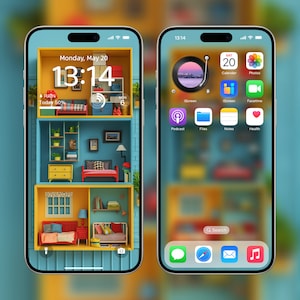 May include: A mockup of an iPhone screen with a custom home screen design. The background is a miniature dollhouse with a blue exterior and yellow interior. The home screen icons are arranged in a grid with a clock widget in the top left corner. The time is 13:14. The date is Monday, May 20. The weather is rainy with 50% chance of rain. The text "RAIN" is displayed in the top left corner. The text "Today 50%" is displayed below the text "RAIN". The text "Monday, May 20" is displayed in the top right corner. The text "13:14" is displayed in the center of the screen. The text "Design by Mobile Artistry" is displayed at the bottom of the screen.