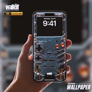 May include: A transparent phone case with a design that resembles a vintage handheld gaming console. The case has a black screen with a digital clock displaying "Monday, June 6 9:41". The case is being held in a hand.