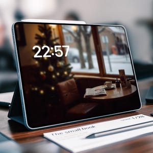 May include: A digital tablet displaying the time 22:57, with a stylus and a small book on a wooden surface. The tablet's screen shows a blurred cafe scene with a Christmas tree and a table with a coffee cup.