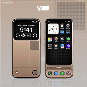 Könnte beinhalten: Ein goldenes iPhone mit einem schwarzen Bildschirm, auf dem die Uhrzeit 9:41 Uhr und verschiedene App-Symbole angezeigt werden. Das Telefon befindet sich auf einer weißen Oberfläche.