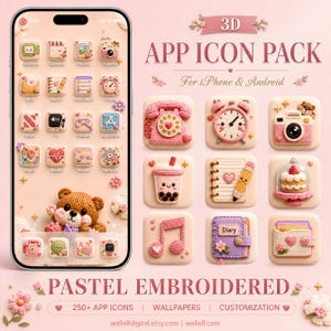 250+ pastellfärgade broderade appikoner, virkat iPhone-tema, kawaii-hemskärm (digital nedladdning)