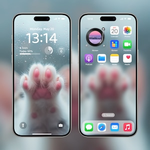 May include: Two smartphones with a blurred background. The left phone displays a cat paw wallpaper with the time 13:14 and the text "Monday, May 20". The right phone shows app icons and the text "SAT 20". The design is by Mobile Artistry.