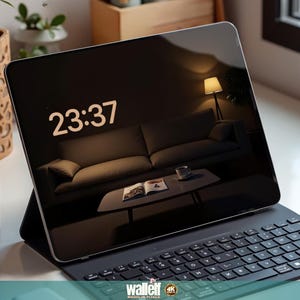 Puede incluir: Un portátil negro con un teclado gris oscuro y una pantalla que muestra un reloj digital que marca las 23:37. La pantalla también muestra una sala de estar con poca luz con un sofá y una mesa de café.