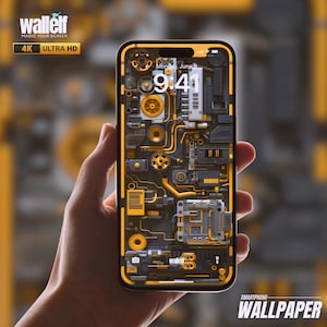 Puede incluir: Un teléfono inteligente que muestra un fondo de pantalla 4K Ultra HD con un diseño de placa de circuito amarillo y negro. La pantalla del teléfono muestra la hora 9:41 y la fecha del lunes 6 de junio. El texto "wallelf" es visible en la pantalla del teléfono.