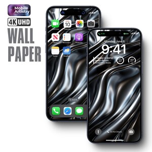 May include: A black and silver abstract phone wallpaper with a wavy, flowing design. The phone screen displays the time, date, and a calendar app.