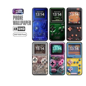 May include: Six different retro-style handheld game consoles with a digital clock display. The consoles are in various colours, including blue, green, pink, yellow, and grey. The text on the screen reads "Monday, May 20 13:14".