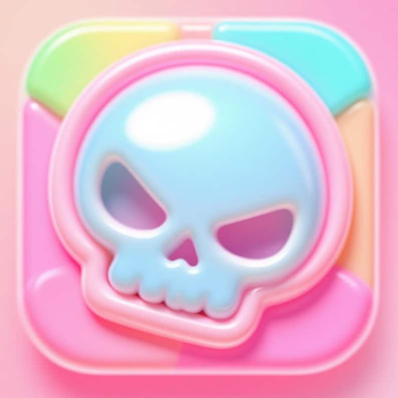 A colorful, cartoonish skull-shaped object with a pink and blue color scheme, set against a pink background.