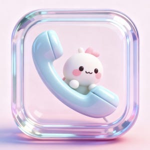 A cute white cartoon character with pink accents is sitting on a blue telephone receiver, which is encased in a transparent glass frame.