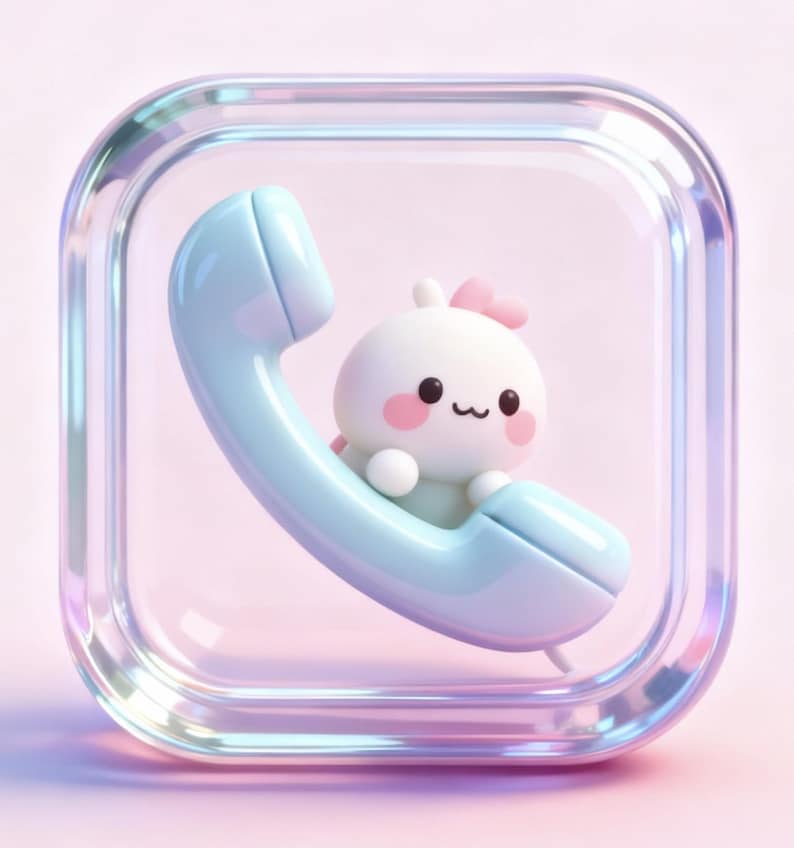 A cute white cartoon character with pink accents is sitting on a blue telephone receiver, which is encased in a transparent glass frame.
