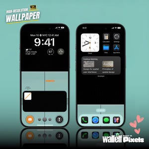 Op de afbeelding: Een digitale illustratie van een iPhone-scherm met een blauw en groen kleurenschema. Het scherm toont een klok, het weer en app-pictogrammen. De tekst "Continue Watching", "Design for spatial user interfaces", "hello" en "Principles of spatial design" is zichtbaar op het scherm.