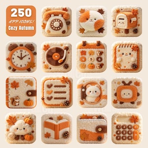 May include: A collection of 250 app icons with a cozy autumn theme, featuring fuzzy, textured square designs in shades of cream, orange, and brown. Icons include a rotary phone, cat, mailbox, clock, record player, calendar, notebook, and calculator.