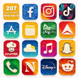 Könnte beinhalten: Eine Sammlung von 16 farbenfrohen App-Symbolen im Quilling-Papier-Schnitt-Design. Die Symbole zeigen Logos beliebter Apps wie Facebook, Instagram und TikTok. Der Text "207 APP ICONS! Quilling Paper-Cut" ist oben zu sehen.