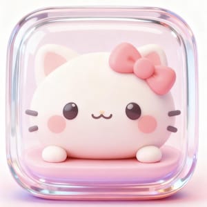 A cute, cartoon-like cat figurine with a pink bow on its head, sitting inside a transparent glass box.