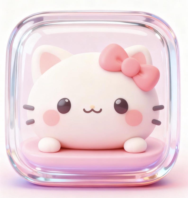 A cute, cartoon-like cat figurine with a pink bow on its head, sitting inside a transparent glass box.