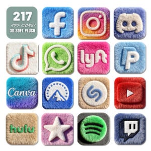 以下が含まれることがあります： Facebook、Instagram、Discord、TikTok、WhatsApp、Lyftなど、3Dソフトプラッシュのアプリアイコンのコレクション。各正方形のアイコンは、ふわふわした質感と鮮やかな色を特徴としています。「217 APP ICONS! 3D SOFT PLUSH」というテキストが上部にあります。