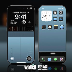 May include: A blue and gray iPhone screen with a clock displaying 9:41 AM, a weather forecast showing partly cloudy skies with a temperature of 72 degrees Fahrenheit, and a series of icons for apps like Calculator, Settings, Clock, Files, App Store, Reminder, Weather, Notes, and Safari.