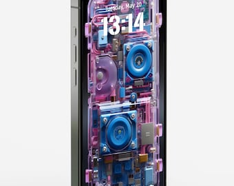 May include: A transparent pink and blue smartphone with visible internal components and a digital clock displaying "Tuesday, May 20 13:14".