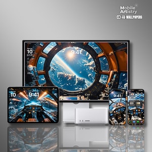 May include: A collection of four Apple devices displaying the same wallpaper. The wallpaper is a view from the cockpit of a spaceship looking out at Earth. The devices include a desktop computer, a tablet, a phone, and a smaller phone. The devices are all on a gray surface with a reflection of each device.