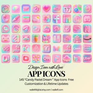 a collection of colorful, pastel-colored app icons arranged in a grid pattern. The icons appear to be designed for use on mobile devices, with a focus on a "Candy Pastel Dream" theme. The image does not contain any text, and the icons are described as "App icons" and "Free customization & lifetime updates".