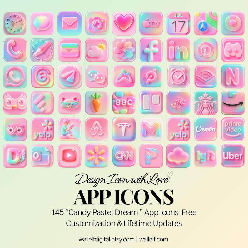 a collection of colorful, pastel-colored app icons arranged in a grid pattern. The icons appear to be designed for use on mobile devices, with a focus on a "Candy Pastel Dream" theme. The image does not contain any text, and the icons are described as "App icons" and "Free customization & lifetime updates".