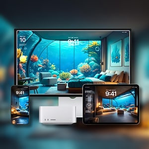 以下が含まれることがあります： 大きなモニター、スマートフォン、タブレットを備えたデジタルディスプレイセットアップ。すべて穏やかな水中寝室のシーンを表示しています。モニターには日付と時刻が表示されます。モニターの下には白いコンピューターベースがあります。