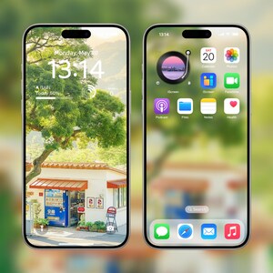 May include: A mockup of an iPhone screen with a green and brown nature scene as the background. The time is 13:14 and the date is Monday, May 20. The weather is rainy with 50% chance of rain. The bottom of the screen shows a small shop with a vending machine. The other screen shows a variety of app icons, including Calendar, Photos, Podcast, Files, Notes, and Health.