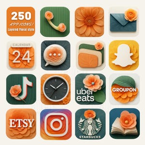 Könnte beinhalten: Eine Sammlung von 16 App-Symbolen im geschichteten floralen Stil. Die Symbole zeigen verschiedene Designs, darunter eine Blume, ein Telefon, ein Kalender, eine Sprechblase und Social-Media-Logos. Die Farbpalette umfasst Orange, Grün und Weiß.