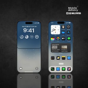 Könnte beinhalten: Ein Mockup eines iPhones mit einem dunkelblauen Hintergrund und einem weißen Zifferblatt, das 9:41 anzeigt. Das Telefon zeigt einen Startbildschirm mit verschiedenen App-Symbolen, darunter Uhr, Fotos, TV und Nachrichten. Der Text "Weiter ansehen" und "Design für räumliche Benutzeroberflächen" wird auf dem Bildschirm angezeigt. Das Telefon befindet sich auf einer schwarzen Oberfläche.