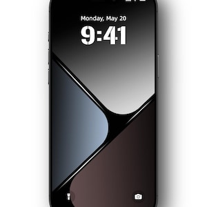 以下が含まれることがあります： 画面に濃いグレーとブルーの抽象的なデザインが施された黒いスマートフォン。時間は9:41で、日付は5月20日（月）です。