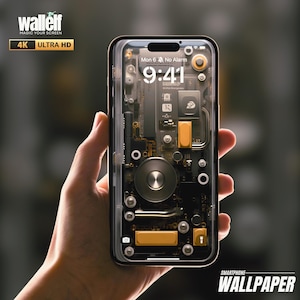 May include: A transparent smartphone wallpaper with a detailed illustration of a circuit board and internal components. The wallpaper features a digital clock displaying "9:41" and the text "Mon 6 No Alarm".