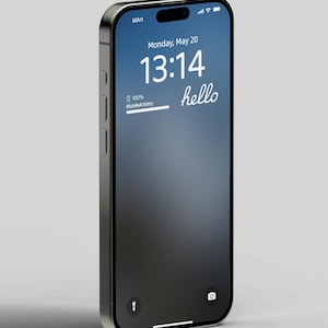 May include: A silver smartphone with a gradient blue and black screen displaying the time 13:14 and the word "hello". The screen also shows the date, Monday, May 20, and the text "MobileArtistry".