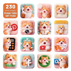 Op de afbeelding: Een verzameling van 230 app-iconen met een ontwerp van een oranje tabby kattenpluche. Elk icoon toont de kat in verschillende poses, met items zoals een telefoon, camera en social media logo's, allemaal tegen een zachte, pluche achtergrond.