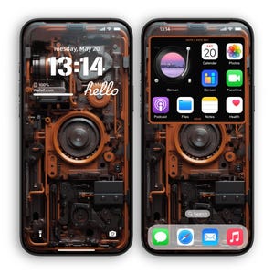 May include: Two smartphones with a detailed, mechanical-style wallpaper. The left phone displays "Tuesday, May 20" and "13:14", with "hello" in cursive. The right phone shows app icons and "HAVE A NICE DAY" with "SAT 20" at the top.