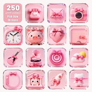Pode incluir: Uma coleção de 16 ícones de aplicativos rosa com efeito de vidro 3D, cada um com um design diferente, incluindo um telefone, uma câmera e um porco. Os ícones são adornados com laços rosa e colocados em um fundo rosa. O texto "250 APP ICONS! Pink Bow 3D Glass" está no topo.