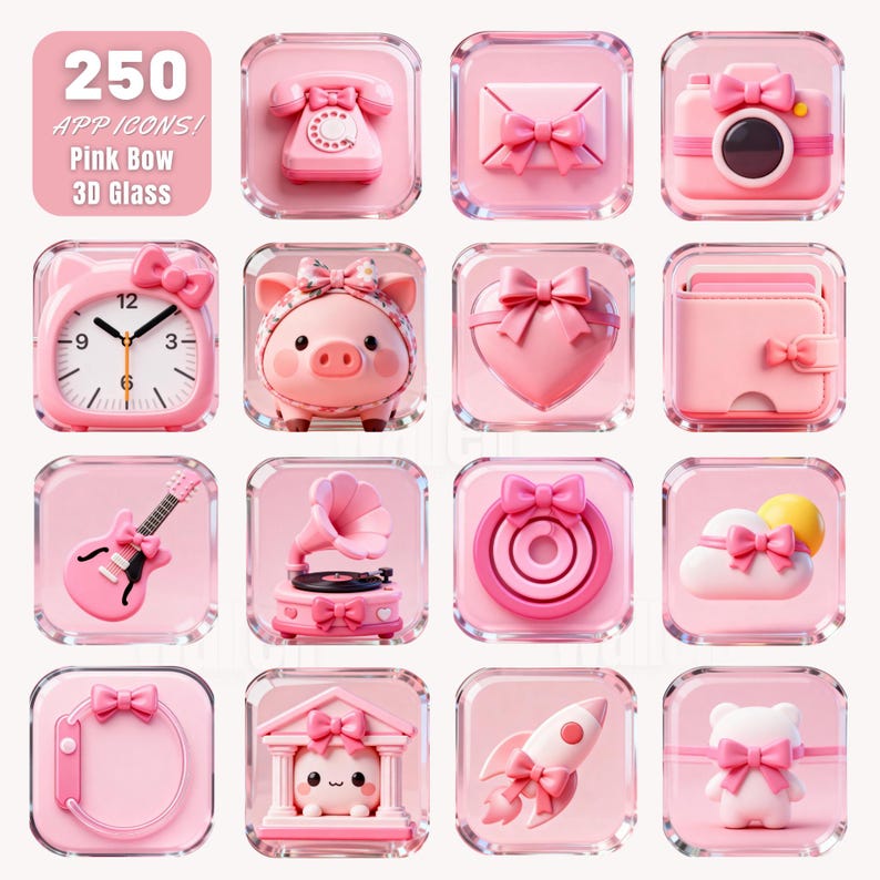 Pink Bow Ios 250 Pink Bow 3D Glass App Icons for Ios & Android Home Screen - Etsy