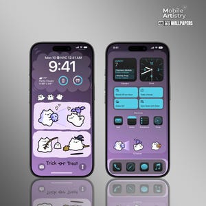 May include: A purple and black iPhone home screen with a Halloween theme. The screen shows a clock with the time 9:41, a weather widget with the temperature 72 degrees and the text "Partly Cloudy", and several app icons. The app icons include a calendar, clock, notes, reminders, mail, and a search bar. The background of the home screen is a dark purple with a cloud-like design. The icons are all white with black outlines. The text "Trick or Treat" is displayed on the screen.