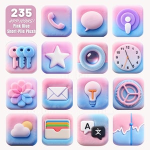 Könnte beinhalten: Eine Sammlung von 16 App-Symbolen aus Plüsch in Rosa und Blau, darunter ein Telefon, eine Sprechblase, ein Podcast-Symbol, Schlüssel, ein Stern, eine Kamera, eine Uhr, eine Blume, ein Umschlag, eine Glühbirne, ein Zahnrad, eine Wolke, eine Karte und Sprachsymbole.