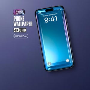 Puede incluir: Una pantalla de teléfono con degradado azul y morado con un reloj digital que muestra las 9:41. El teléfono está sobre un fondo morado oscuro. El texto en la pantalla dice "Lunes, 5 de septiembre".