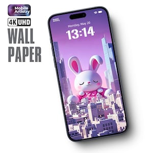 May include: A pink and white cartoon bunny rabbit sits on top of a city skyline. The phone screen shows the time as 13:14 and the date as Monday, May 20. The phone is a dark blue color.