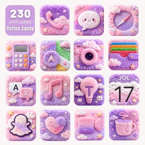 May include: Sixteen fluffy app icon designs in shades of purple, pink, and white, resembling cotton candy. Each icon features a different design, including a phone, calculator, camera, and music note. The text "230 APP ICONS! Cotton Candy" is at the top.