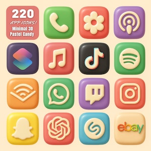 Könnte beinhalten: Eine Sammlung von 16 pastellfarbenen 3D-App-Symbolen, darunter ein Telefon, eine Blume, eine Musiknote und Social-Media-Logos. Der Text "220 APP ICONS! Minimal 3D Pastel Candy" ist enthalten.