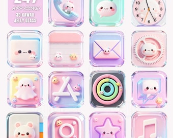 Peut inclure: Une collection d'icônes d'applications 3D Kawaii Jelly Glass aux couleurs pastel. Les icônes incluent un téléphone, une horloge, une bulle de dialogue, et plus encore. Le texte "247 APP ICONS! 3D KAWAII JELLY GLASS" est inclus.