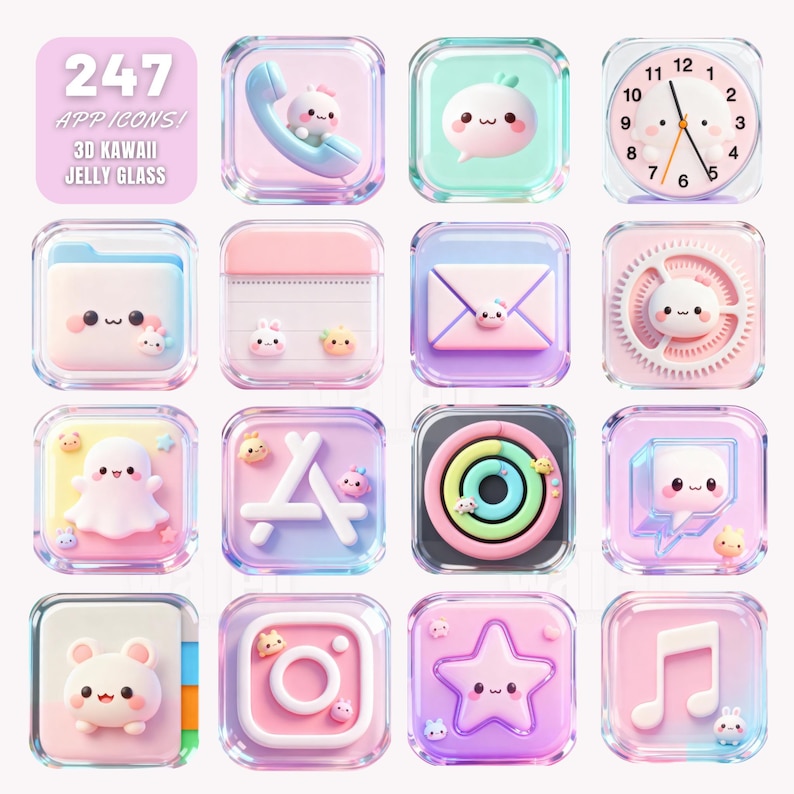a collection of 24 colorful and whimsical app icons, each featuring a unique design and character. The icons include a phone, a clock, a jelly glass, a ghost, an apple, a star, and a music note. The icons are arranged in a grid format, showcasing a variety of styles and themes.