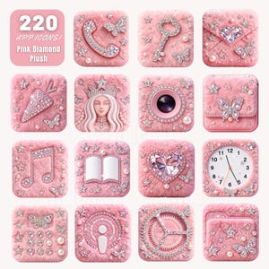 May include: A collection of 16 pink app icon designs with a plush texture, featuring various symbols like a phone, key, camera, and musical note. Each icon is adorned with sparkling gems, pearls, and butterfly accents. The top left corner displays the text "220 APP ICONS! Pink Diamond Plush".