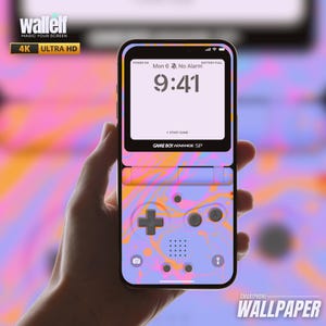 Puede incluir: Un teléfono inteligente con un fondo de pantalla personalizado que parece un Game Boy Advance SP. El fondo de pantalla es un remolino de rosa, naranja y morado. La pantalla del teléfono muestra la hora, 9:41, y la fecha, lunes 6. El teléfono está en una mano, pero la mano no es visible.