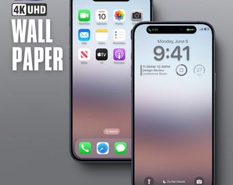 May include: Two iPhone screens with a blurred background. The top screen shows the iPhone home screen with icons for FaceTime, Calendar, Photos, Mail, Notes, Reminders, News, TV, and Podcasts. The bottom screen shows the time 9:41, the date Monday, June 6, and the text "11:30AM-12:30PM Design Review Conference Room".