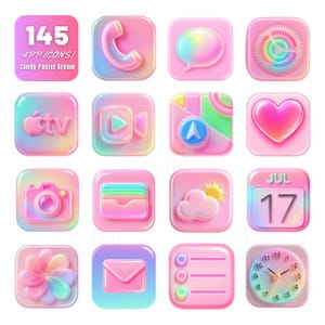 Op de afbeelding: Een verzameling van 145 app-pictogrammen in een candy pastel dream thema. Elk pictogram is een vierkant met afgeronde hoeken en heeft een 3D-ontwerp in roze, blauwe en gele tinten. Pictogrammen omvatten telefoon, spraakbel, camera en kalender.