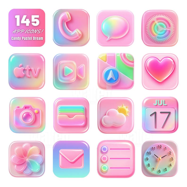a collection of pastel-colored app icons, including a phone, speech bubble, heart, calendar, camera, and various other icons.
