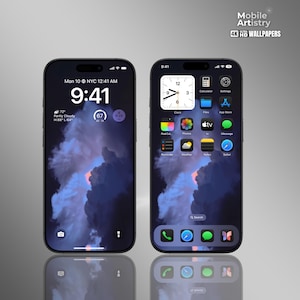 May include: A mockup of an iPhone with a dark blue and purple cloudy background. The time is 9:41 AM and the date is Monday, October 10th. The location is NYC. The weather is partly cloudy with a high of 88 degrees Fahrenheit and a low of 64 degrees Fahrenheit. The phone's home screen shows a clock, calculator, settings, files, app store, tv, photos, messages, reminders, weather, notes, and safari apps.