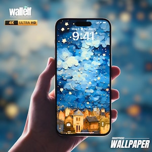 Starry Night Village 4K Wallpaper | Dreamy Cloud Stars Design for iOS & Android | Enchanting Digital Background|404